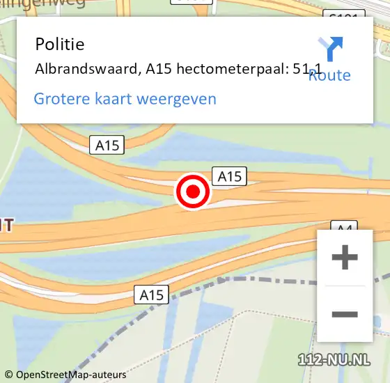 Locatie op kaart van de 112 melding: Politie Albrandswaard, A15 hectometerpaal: 51,1 op 5 augustus 2024 07:53