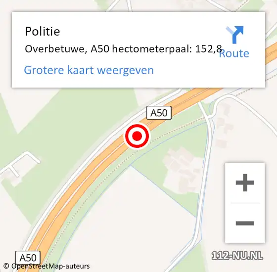 Locatie op kaart van de 112 melding: Politie Overbetuwe, A50 hectometerpaal: 152,8 op 5 augustus 2024 09:07