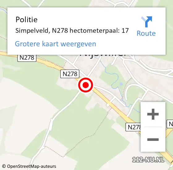 Locatie op kaart van de 112 melding: Politie Simpelveld, N278 hectometerpaal: 17 op 5 augustus 2024 09:16