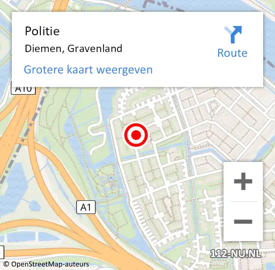 Locatie op kaart van de 112 melding: Politie Diemen, Gravenland op 5 augustus 2024 09:28