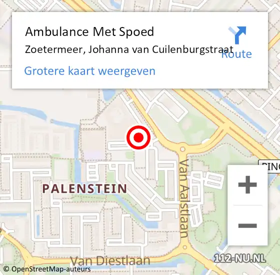 Locatie op kaart van de 112 melding: Ambulance Met Spoed Naar Zoetermeer, Johanna van Cuilenburgstraat op 5 augustus 2024 10:04