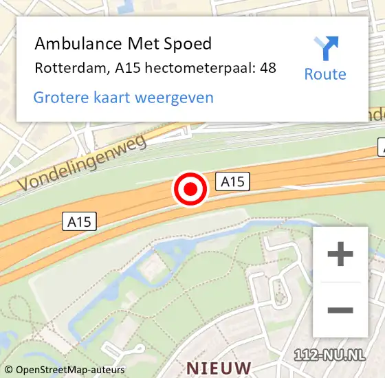 Locatie op kaart van de 112 melding: Ambulance Met Spoed Naar Rotterdam, A15 hectometerpaal: 48 op 5 augustus 2024 10:14
