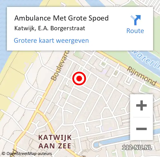 Locatie op kaart van de 112 melding: Ambulance Met Grote Spoed Naar Katwijk, E.A. Borgerstraat op 5 augustus 2024 12:33