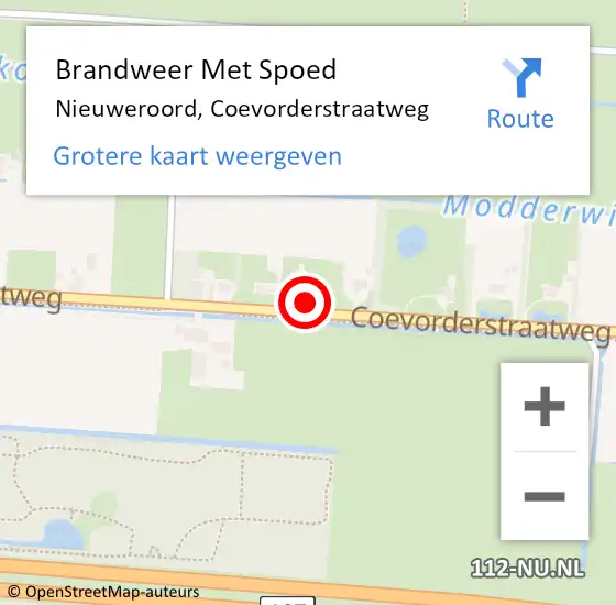 Locatie op kaart van de 112 melding: Brandweer Met Spoed Naar Nieuweroord, Coevorderstraatweg op 5 augustus 2024 12:43