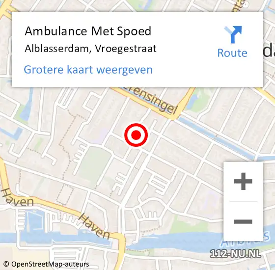 Locatie op kaart van de 112 melding: Ambulance Met Spoed Naar Alblasserdam, Vroegestraat op 5 augustus 2024 13:16