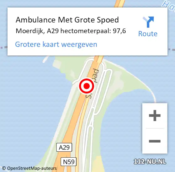 Locatie op kaart van de 112 melding: Ambulance Met Grote Spoed Naar Moerdijk, A29 hectometerpaal: 97,6 op 5 augustus 2024 14:01