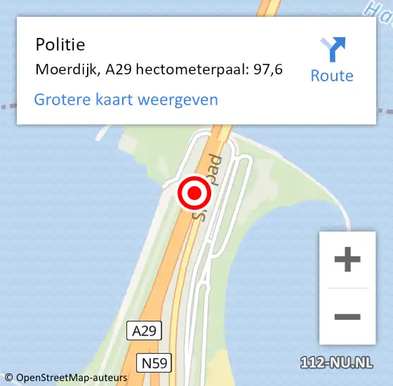 Locatie op kaart van de 112 melding: Politie Moerdijk, A29 hectometerpaal: 97,6 op 5 augustus 2024 14:02