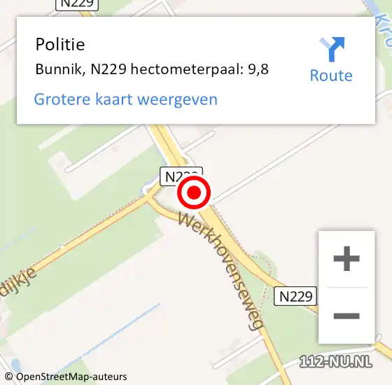 Locatie op kaart van de 112 melding: Politie Bunnik, N229 hectometerpaal: 9,8 op 5 augustus 2024 14:05