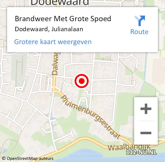 Locatie op kaart van de 112 melding: Brandweer Met Grote Spoed Naar Dodewaard, Julianalaan op 5 augustus 2024 15:08