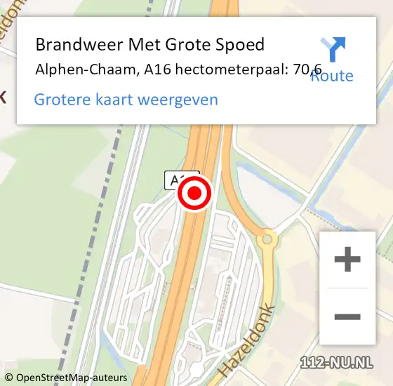 Locatie op kaart van de 112 melding: Brandweer Met Grote Spoed Naar Alphen-Chaam, A16 hectometerpaal: 70,6 op 5 augustus 2024 15:38