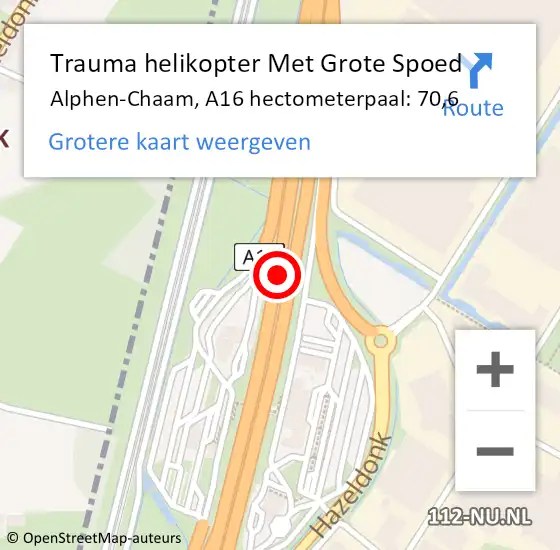 Locatie op kaart van de 112 melding: Trauma helikopter Met Grote Spoed Naar Alphen-Chaam, A16 hectometerpaal: 70,6 op 5 augustus 2024 15:46