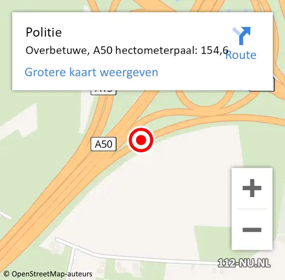 Locatie op kaart van de 112 melding: Politie Overbetuwe, A50 hectometerpaal: 154,6 op 5 augustus 2024 15:57