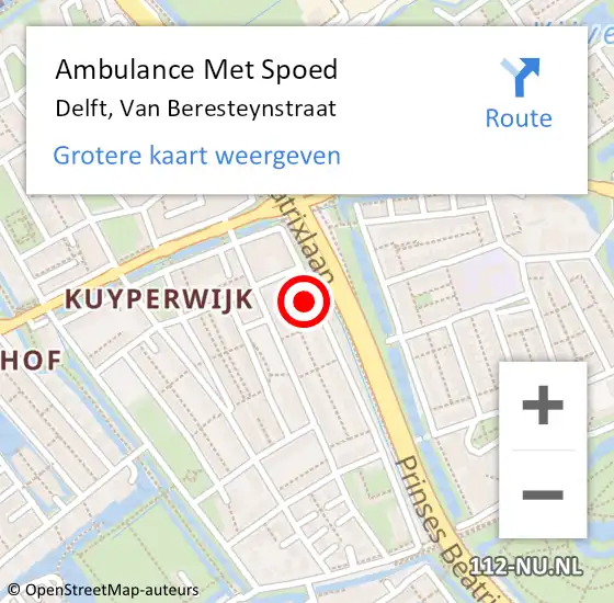 Locatie op kaart van de 112 melding: Ambulance Met Spoed Naar Delft, Van Beresteynstraat op 5 augustus 2024 16:37