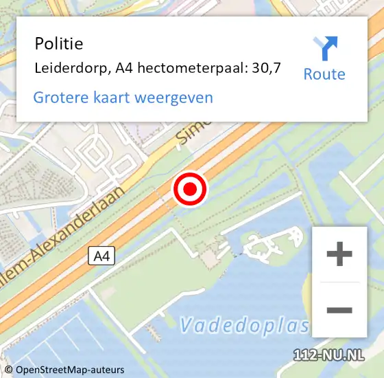 Locatie op kaart van de 112 melding: Politie Leiderdorp, A4 hectometerpaal: 30,7 op 5 augustus 2024 17:39