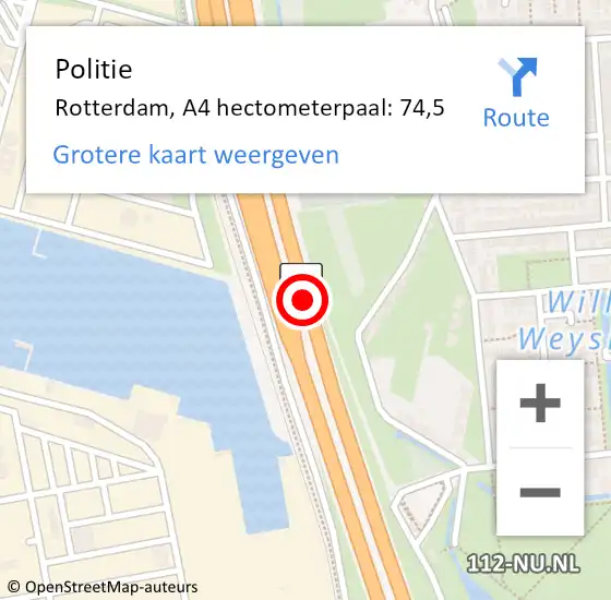 Locatie op kaart van de 112 melding: Politie Rotterdam, A4 hectometerpaal: 74,5 op 5 augustus 2024 18:22