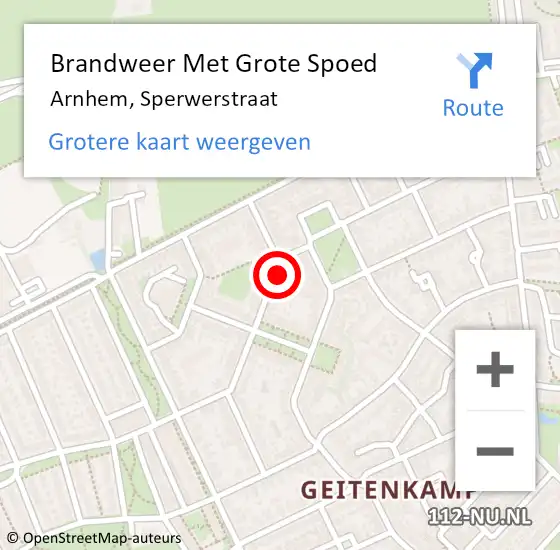 Locatie op kaart van de 112 melding: Brandweer Met Grote Spoed Naar Arnhem, Sperwerstraat op 5 augustus 2024 18:58