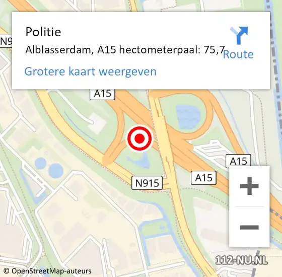 Locatie op kaart van de 112 melding: Politie Alblasserdam, A15 hectometerpaal: 75,7 op 5 augustus 2024 19:36