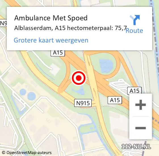 Locatie op kaart van de 112 melding: Ambulance Met Spoed Naar Alblasserdam, A15 hectometerpaal: 75,7 op 5 augustus 2024 19:38