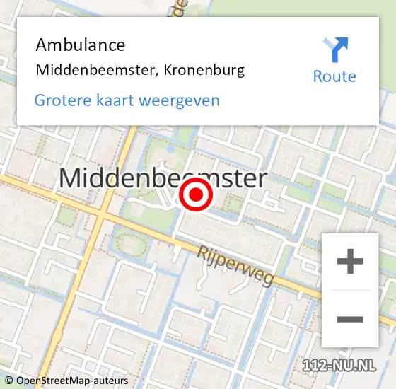 Locatie op kaart van de 112 melding: Ambulance Middenbeemster, Kronenburg op 5 augustus 2024 20:18