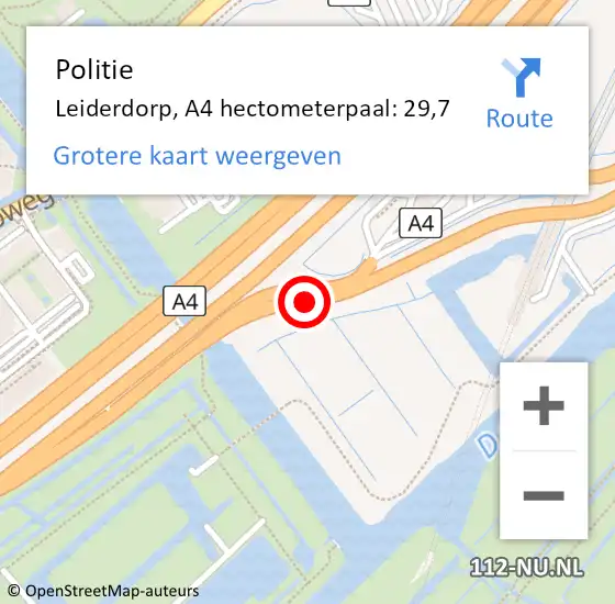 Locatie op kaart van de 112 melding: Politie Leiderdorp, A4 hectometerpaal: 29,7 op 5 augustus 2024 20:33