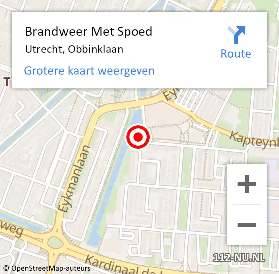 Locatie op kaart van de 112 melding: Brandweer Met Spoed Naar Utrecht, Obbinklaan op 5 augustus 2024 20:37