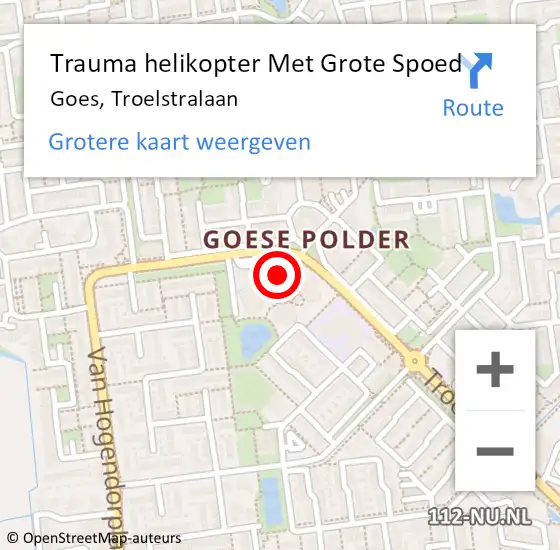 Locatie op kaart van de 112 melding: Trauma helikopter Met Grote Spoed Naar Goes, Troelstralaan op 5 augustus 2024 20:45