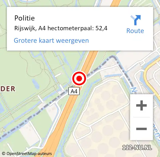 Locatie op kaart van de 112 melding: Politie Rijswijk, A4 hectometerpaal: 52,4 op 5 augustus 2024 20:51