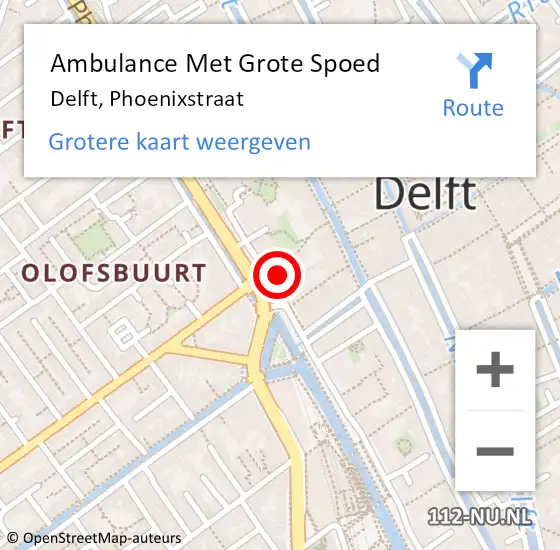 Locatie op kaart van de 112 melding: Ambulance Met Grote Spoed Naar Delft, Phoenixstraat op 5 augustus 2024 21:09