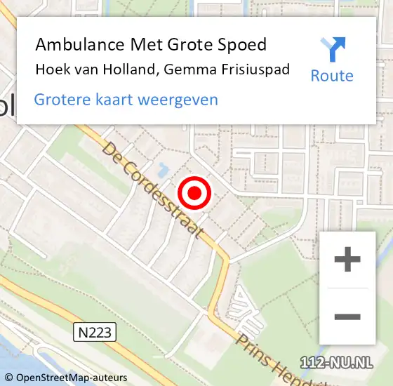 Locatie op kaart van de 112 melding: Ambulance Met Grote Spoed Naar Hoek van Holland, Gemma Frisiuspad op 5 augustus 2024 23:18