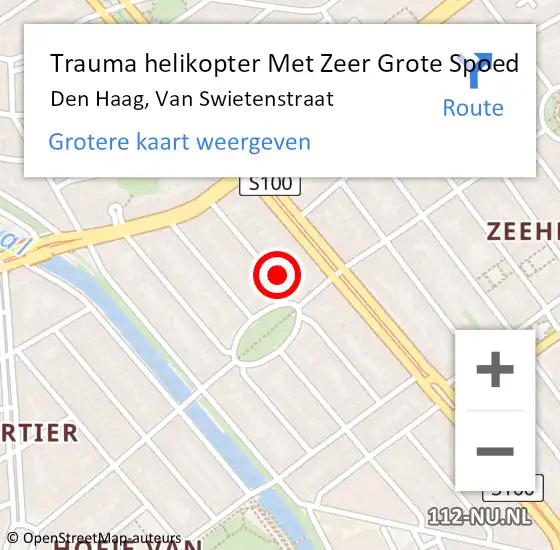 Locatie op kaart van de 112 melding: Trauma helikopter Met Zeer Grote Spoed Naar Den Haag, Van Swietenstraat op 5 augustus 2024 23:31