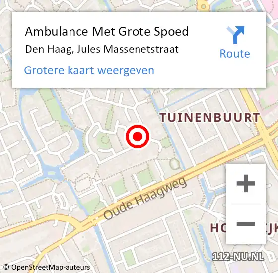 Locatie op kaart van de 112 melding: Ambulance Met Grote Spoed Naar Den Haag, Jules Massenetstraat op 6 augustus 2024 04:29