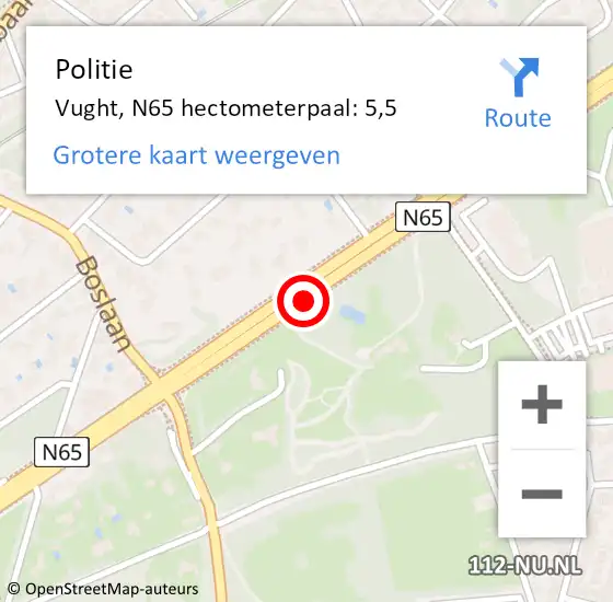 Locatie op kaart van de 112 melding: Politie Vught, N65 hectometerpaal: 5,5 op 6 augustus 2024 08:11