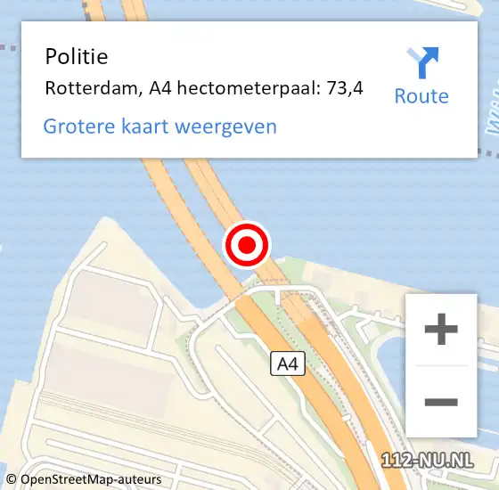 Locatie op kaart van de 112 melding: Politie Rotterdam, A4 hectometerpaal: 73,4 op 6 augustus 2024 08:17