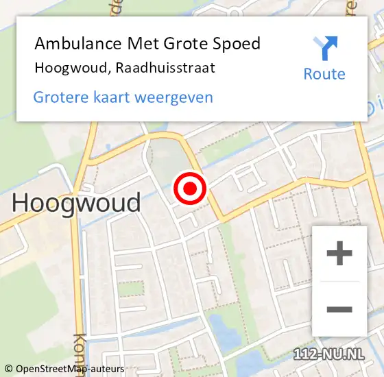 Locatie op kaart van de 112 melding: Ambulance Met Grote Spoed Naar Hoogwoud, Raadhuisstraat op 6 augustus 2024 08:33