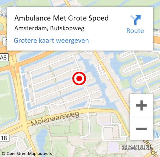 Locatie op kaart van de 112 melding: Ambulance Met Grote Spoed Naar Amsterdam, Butskopweg op 6 augustus 2024 08:39