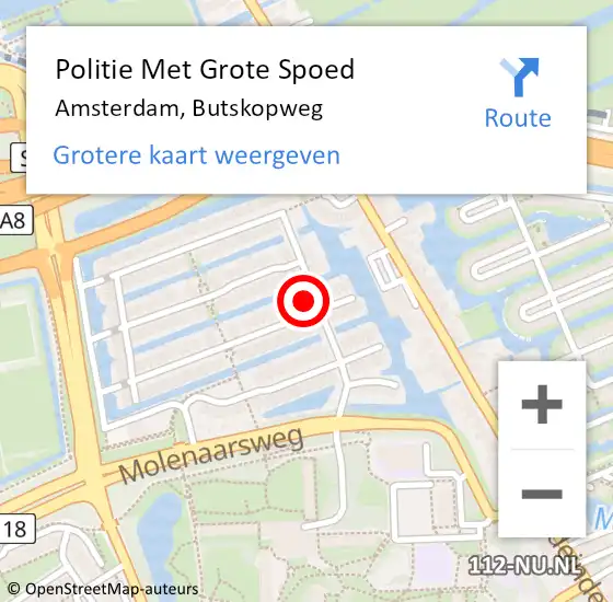 Locatie op kaart van de 112 melding: Politie Met Grote Spoed Naar Amsterdam, Butskopweg op 6 augustus 2024 09:33