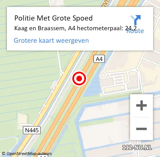 Locatie op kaart van de 112 melding: Politie Met Grote Spoed Naar Kaag en Braassem, A4 hectometerpaal: 24,2 op 6 augustus 2024 13:15