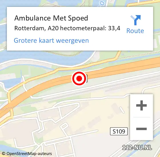 Locatie op kaart van de 112 melding: Ambulance Met Spoed Naar Rotterdam, A20 hectometerpaal: 33,4 op 6 augustus 2024 13:47