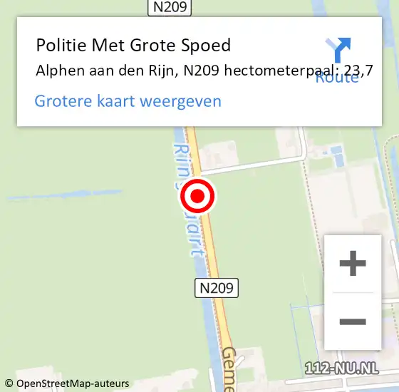 Locatie op kaart van de 112 melding: Politie Met Grote Spoed Naar Alphen aan den Rijn, N209 hectometerpaal: 23,7 op 6 augustus 2024 14:03