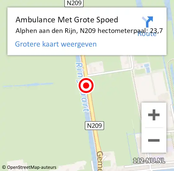 Locatie op kaart van de 112 melding: Ambulance Met Grote Spoed Naar Alphen aan den Rijn, N209 hectometerpaal: 23,7 op 6 augustus 2024 14:03