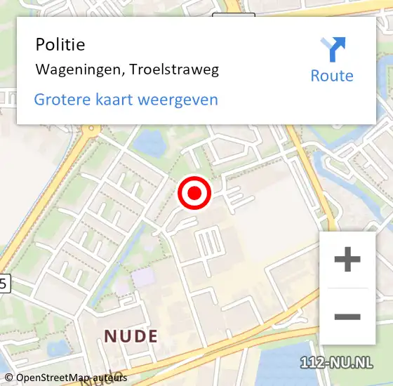 Locatie op kaart van de 112 melding: Politie Wageningen, Troelstraweg op 6 augustus 2024 14:22