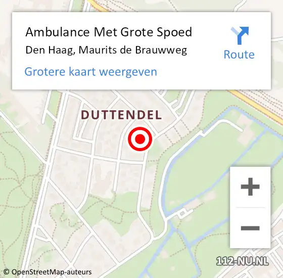 Locatie op kaart van de 112 melding: Ambulance Met Grote Spoed Naar Den Haag, Maurits de Brauwweg op 6 augustus 2024 15:41