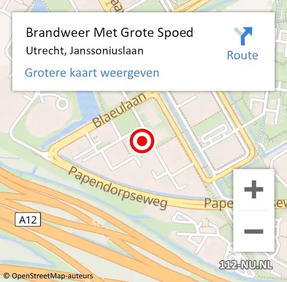 Locatie op kaart van de 112 melding: Brandweer Met Grote Spoed Naar Utrecht, Janssoniuslaan op 6 augustus 2024 16:22