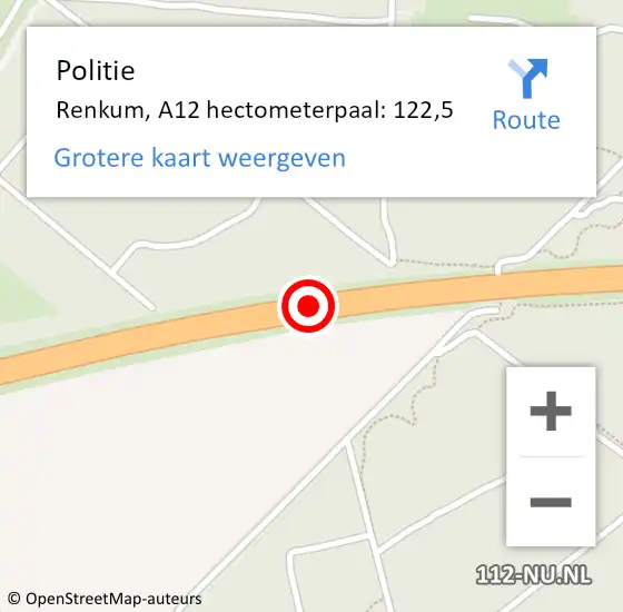 Locatie op kaart van de 112 melding: Politie Renkum, A12 hectometerpaal: 122,5 op 6 augustus 2024 16:32