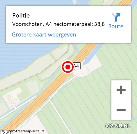 Locatie op kaart van de 112 melding: Politie Voorschoten, A4 hectometerpaal: 38,8 op 6 augustus 2024 17:07