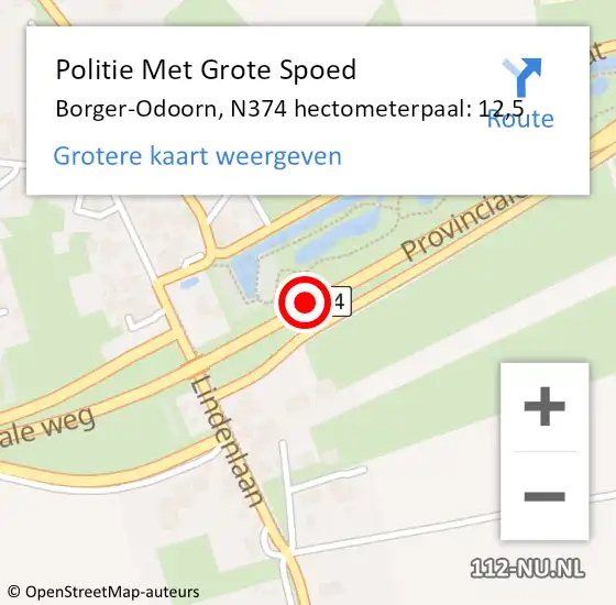 Locatie op kaart van de 112 melding: Politie Met Grote Spoed Naar Borger-Odoorn, N374 hectometerpaal: 12,5 op 6 augustus 2024 18:13