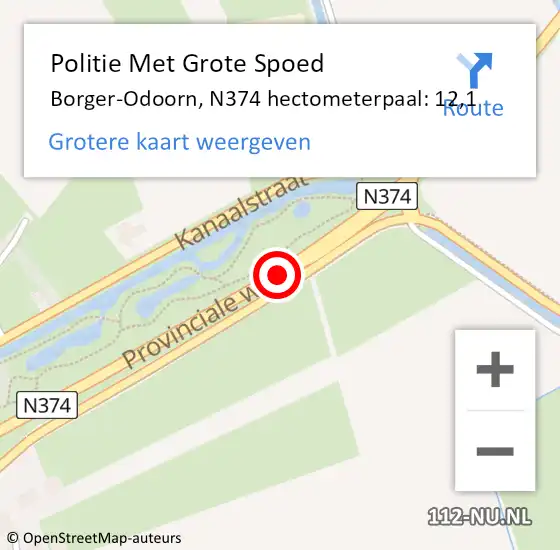 Locatie op kaart van de 112 melding: Politie Met Grote Spoed Naar Borger-Odoorn, N374 hectometerpaal: 12,1 op 6 augustus 2024 18:14