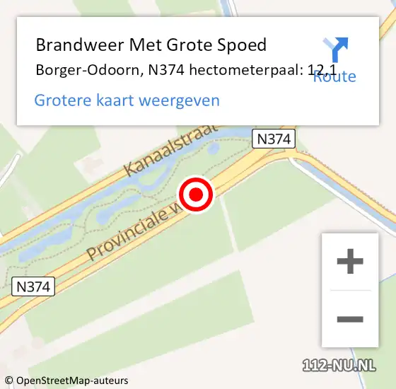 Locatie op kaart van de 112 melding: Brandweer Met Grote Spoed Naar Borger-Odoorn, N374 hectometerpaal: 12,1 op 6 augustus 2024 18:15