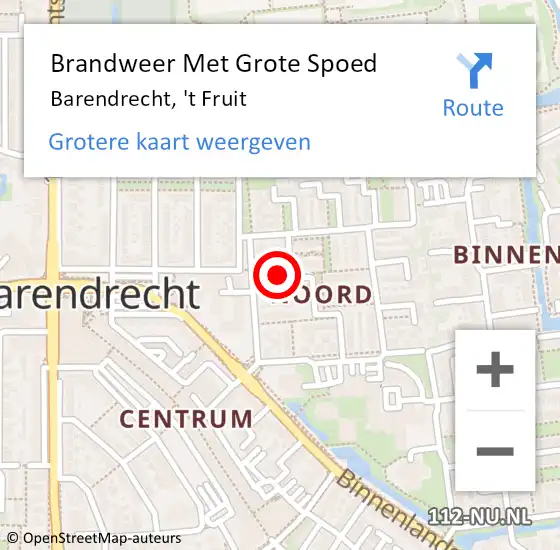 Locatie op kaart van de 112 melding: Brandweer Met Grote Spoed Naar Barendrecht, 't Fruit op 6 augustus 2024 19:10