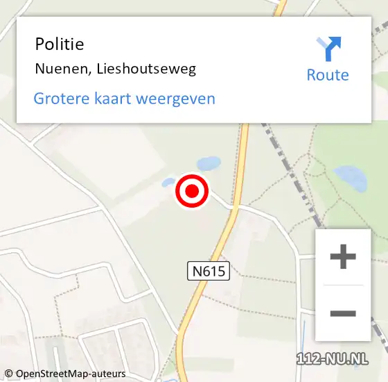 Locatie op kaart van de 112 melding: Politie Nuenen, Lieshoutseweg op 6 augustus 2024 19:17